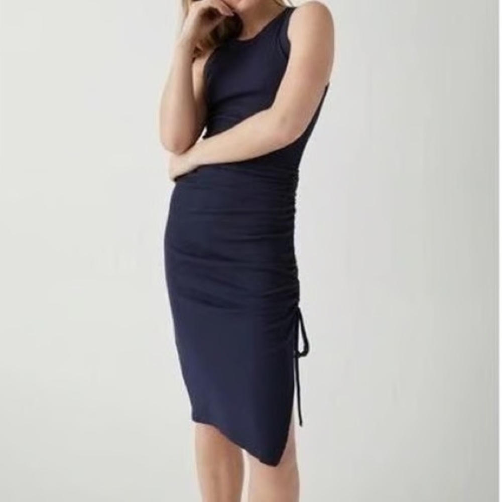 Michael Stars NAVY BLUE Hope Midi Dress w/ Tie. Ultra Ribbed.